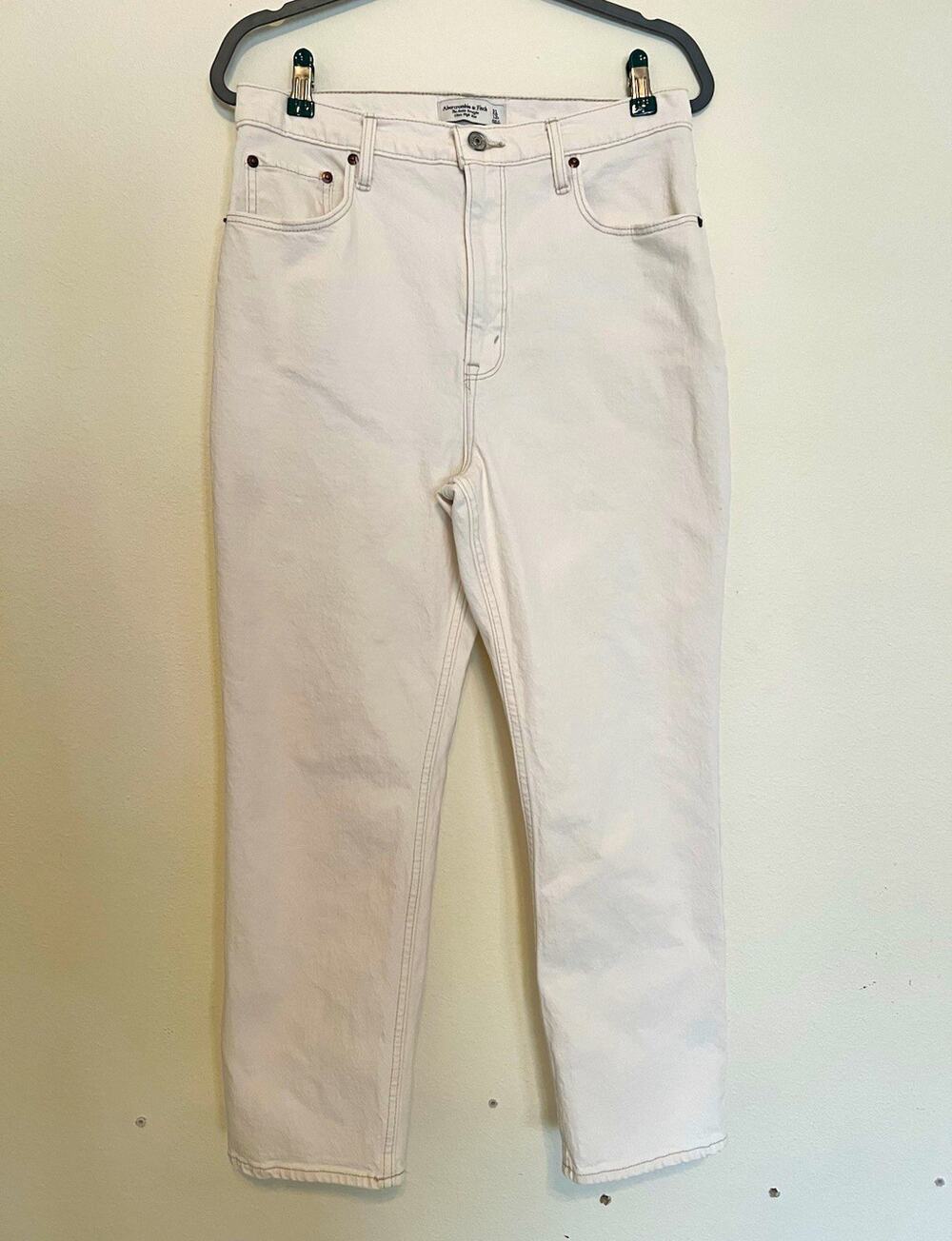 Abercrombie & Fitch Women's White Denim High Rise Straight Stretch Jeans Sz 12